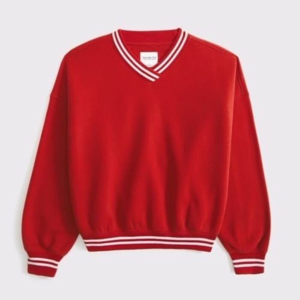 Abercrombie & Fitch Sunday V-Neck Sweatshirt Womens L Red Varsity Striped Trim